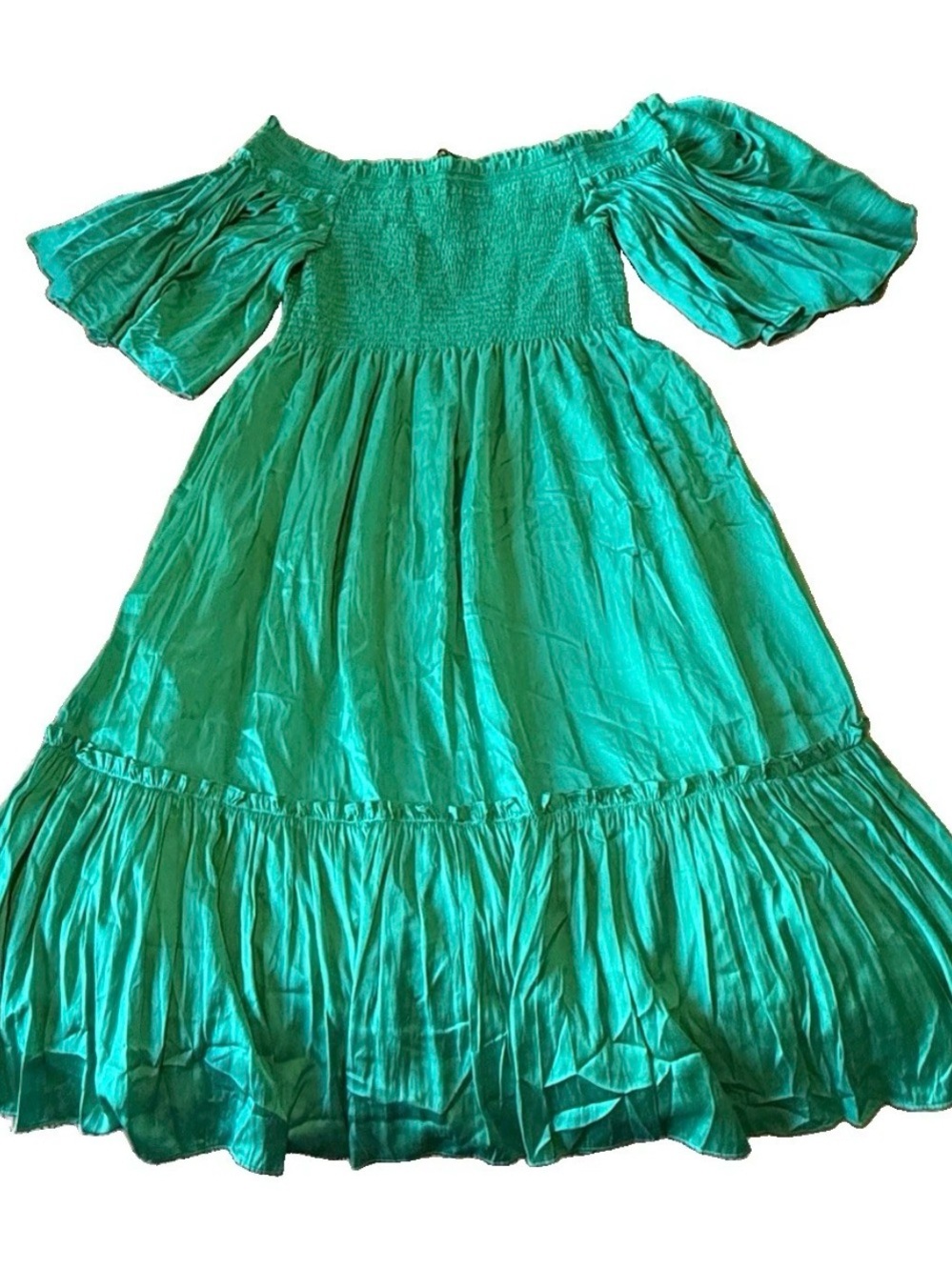 Kobi Halperin Andrea Smocked Off The Shoulder Green Teal Bodice Large Cottage